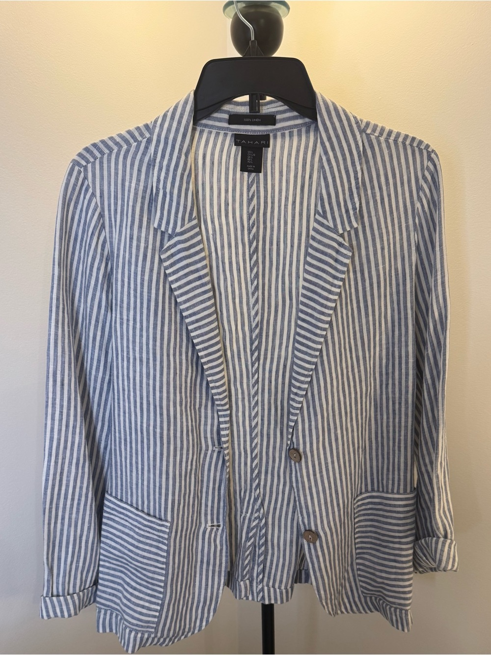 Tahari Blue & White Striped Linen-Blend Blazer
